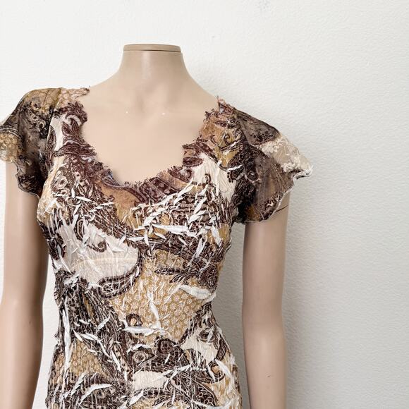 [Komarov] Brown Paisley Print V-Neck Fall Flutter Sleeve Midi Dress Sz Medium M - Picture 9 of 11